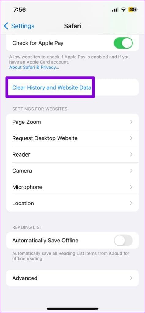 Clear Safari Browsing Data on iPhone