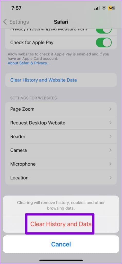 Confirm Clear Safari Browsing Data on iPhone