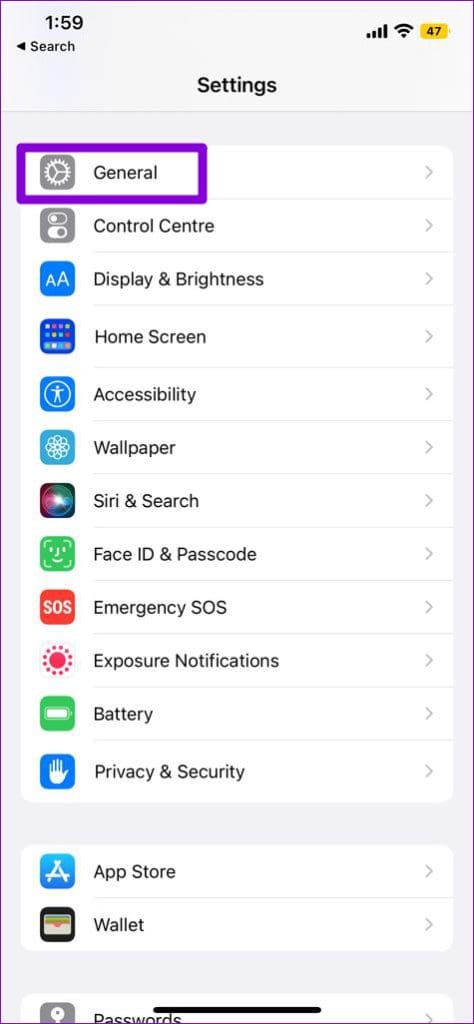 General Settings on iPhone