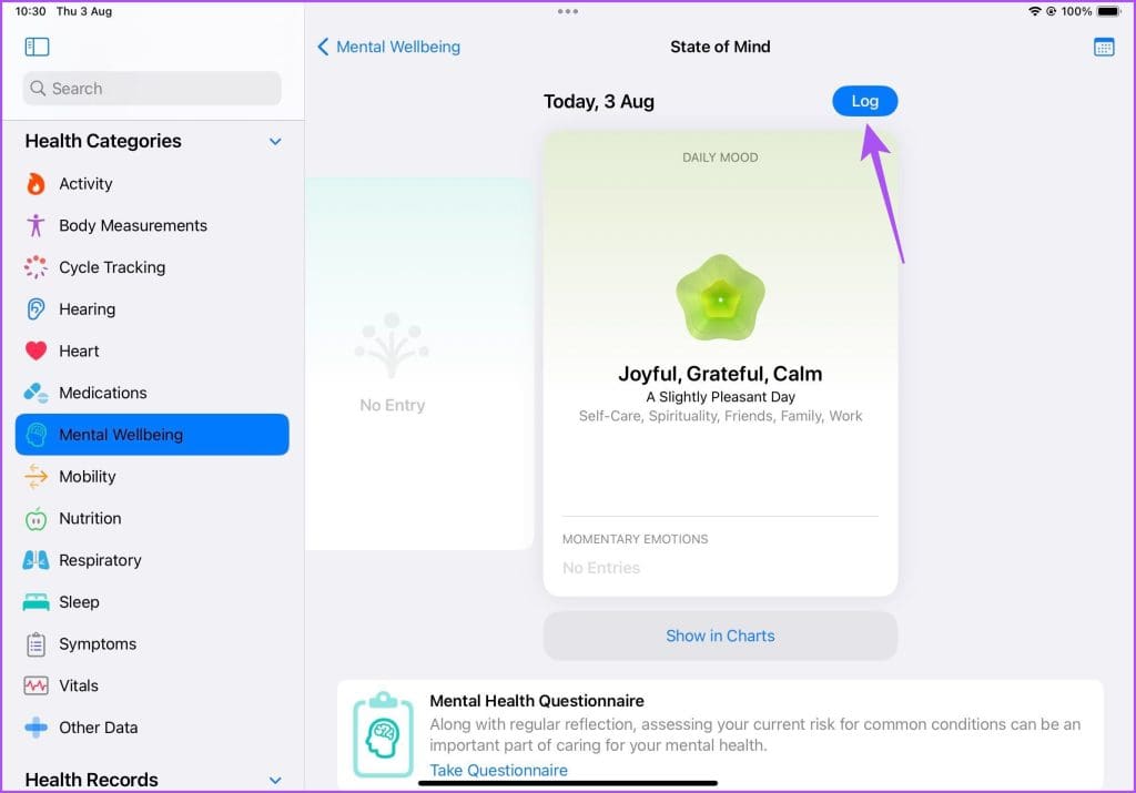 log mental wellbeing iPad