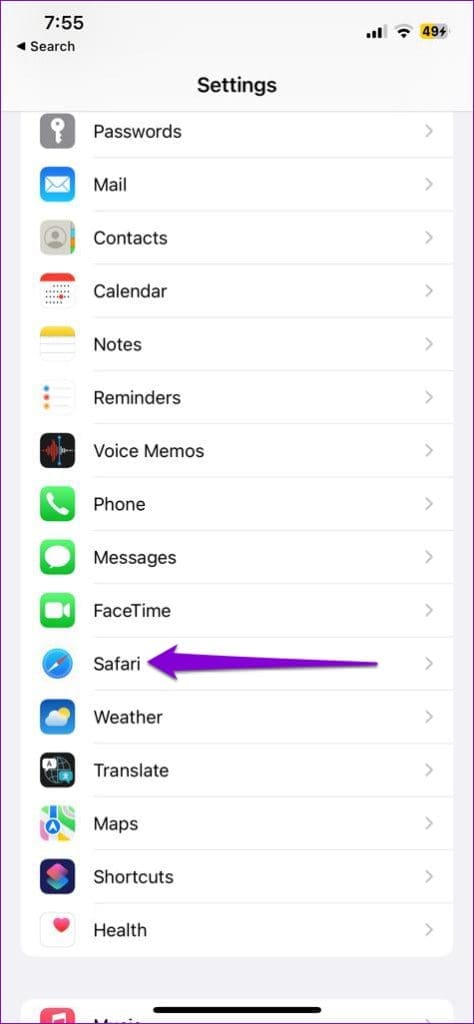 Safari Settings on iPhone