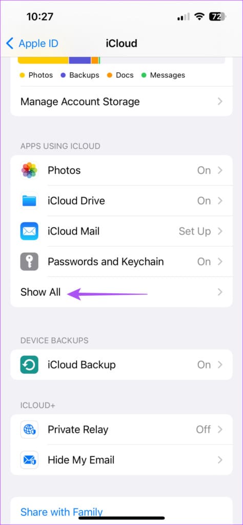 show all apps icloud settings iphone