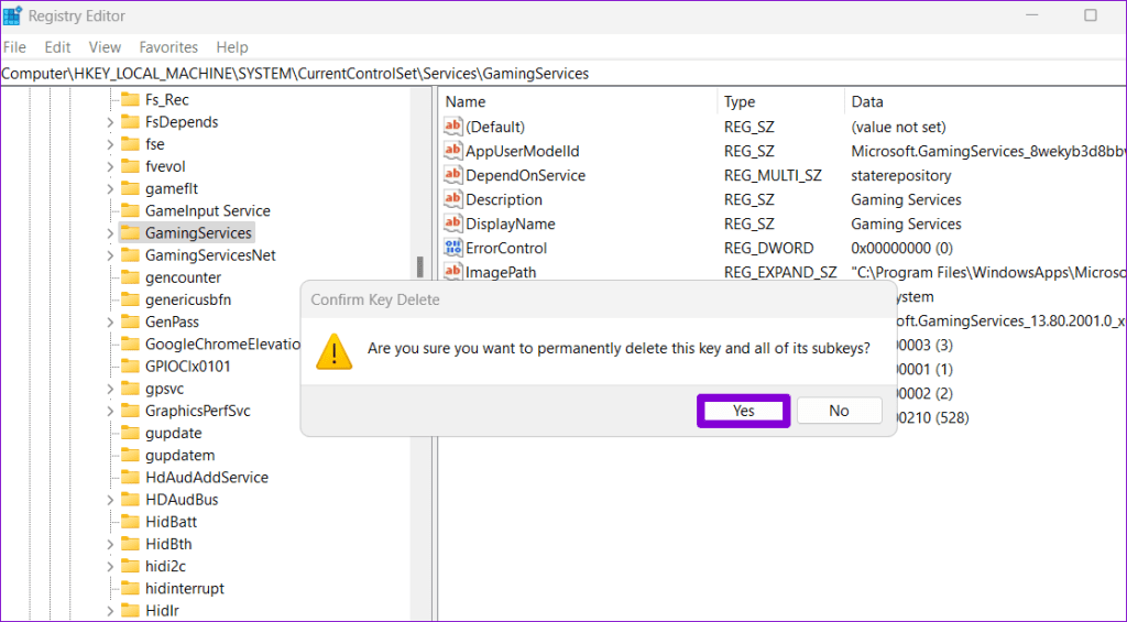 Confirm Delete Gaming Services Key