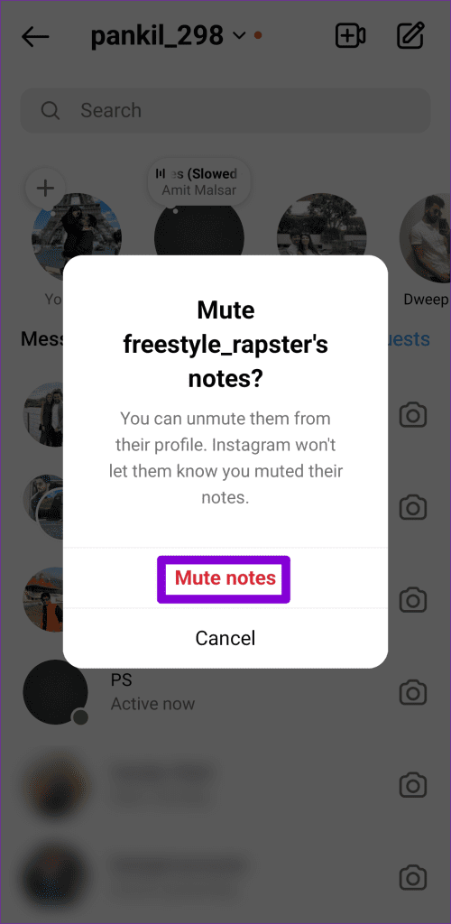 Confirm Mute Notes on Instagram