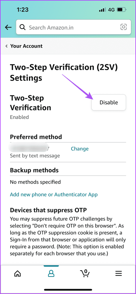 disable two step amazon app