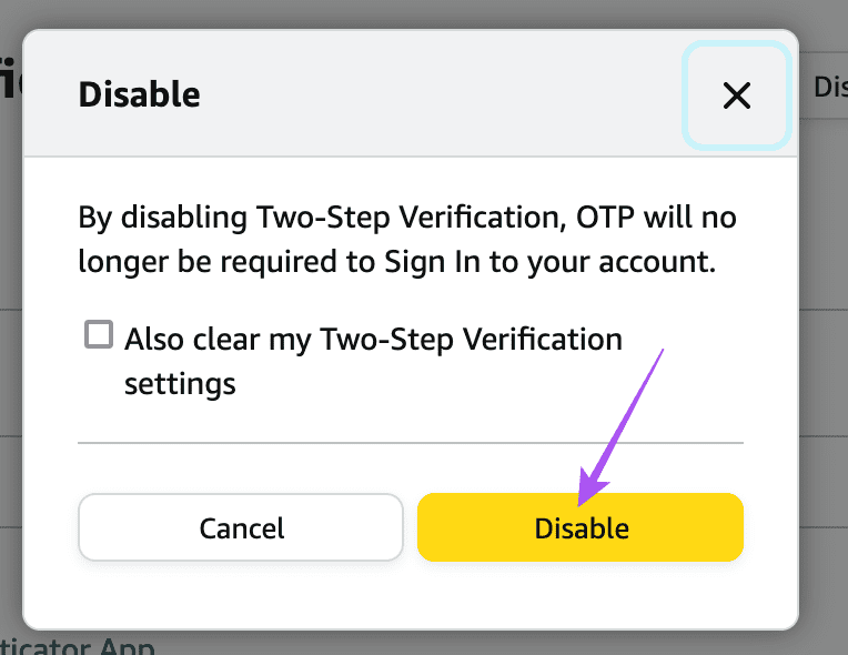 disable two step verification amazon account