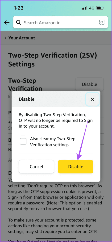 disable two step verification amazon app