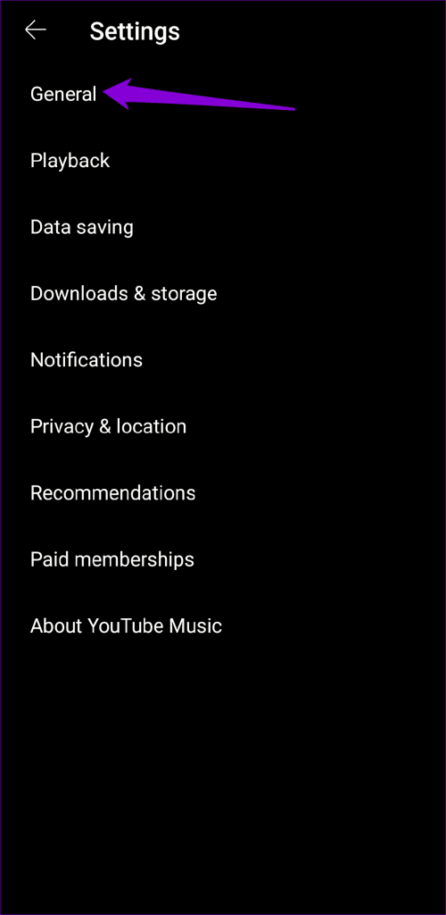 General Options in YouTube Music App