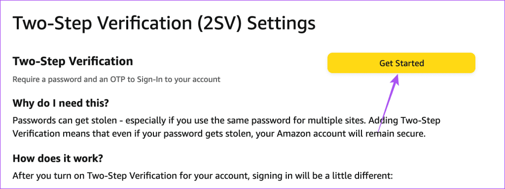 get started two step verification amazon