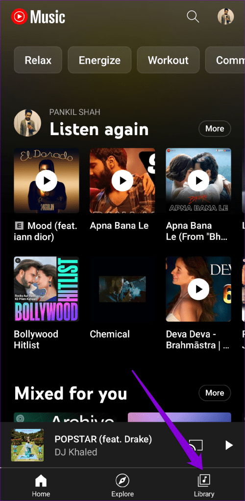 Library Tab in YT Music App