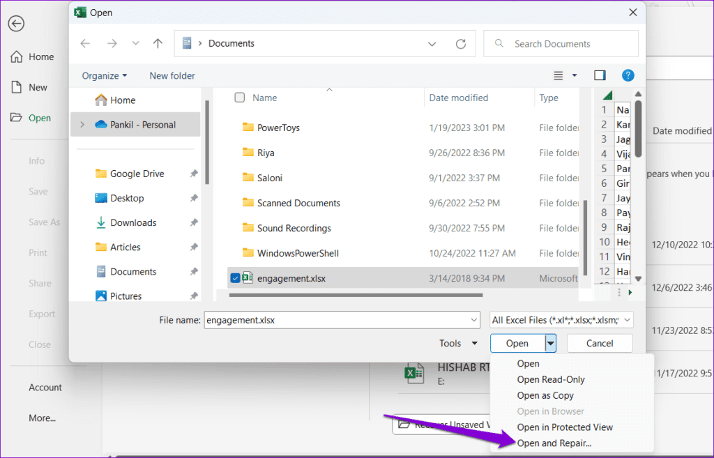 Open and Repair Excel File