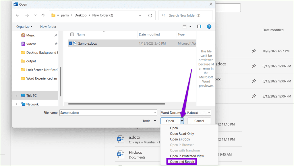Open and Repair File in Word