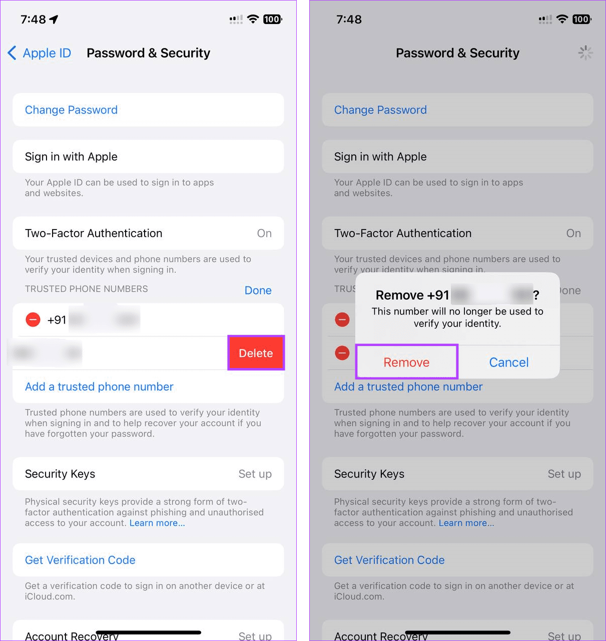 Remove 2FA number on iPhone