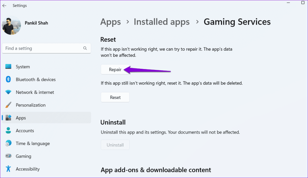 Repair the Gaming Services App