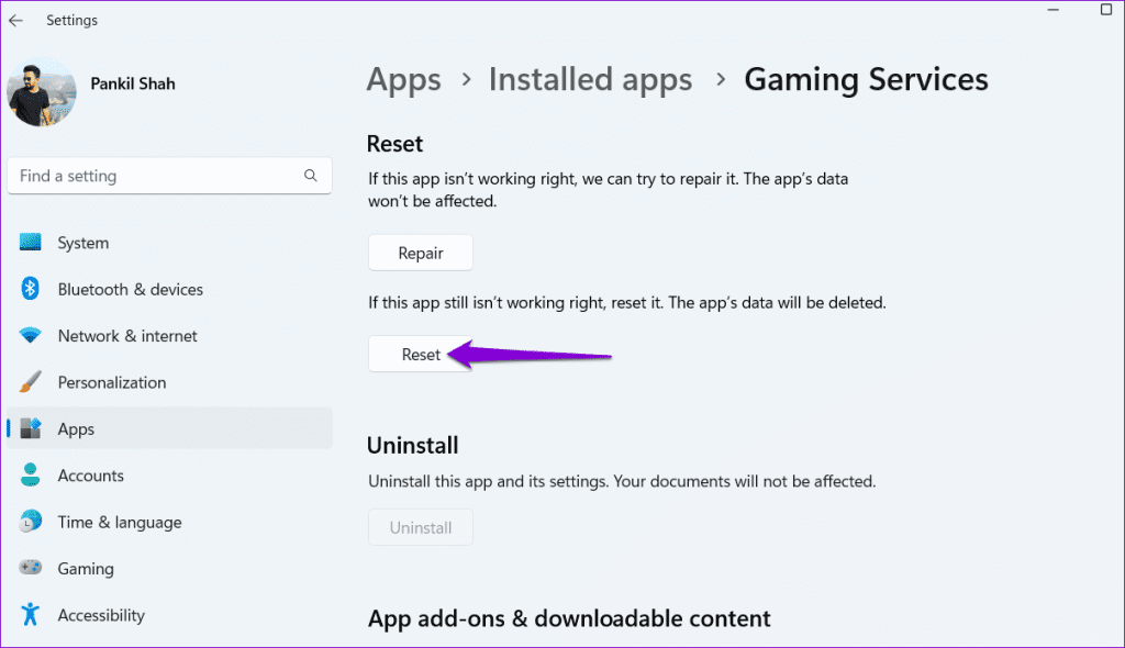 Reset the Gaming Services App