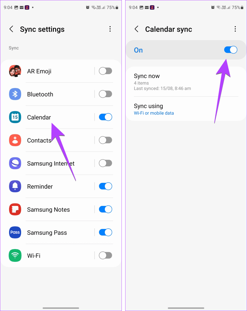 Samsung Account calendar sync enable