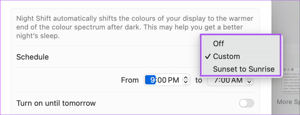 select schedule for night shift Mac