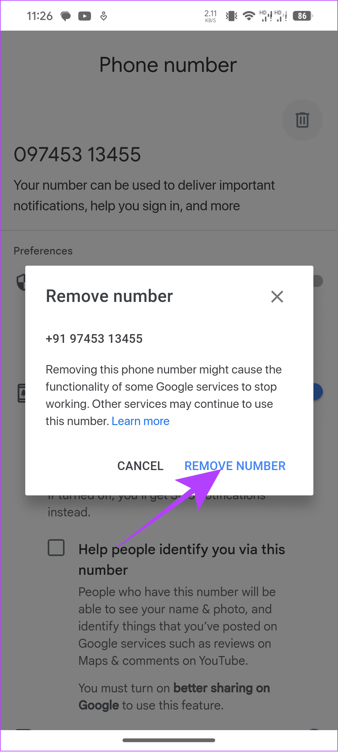 tap remove number