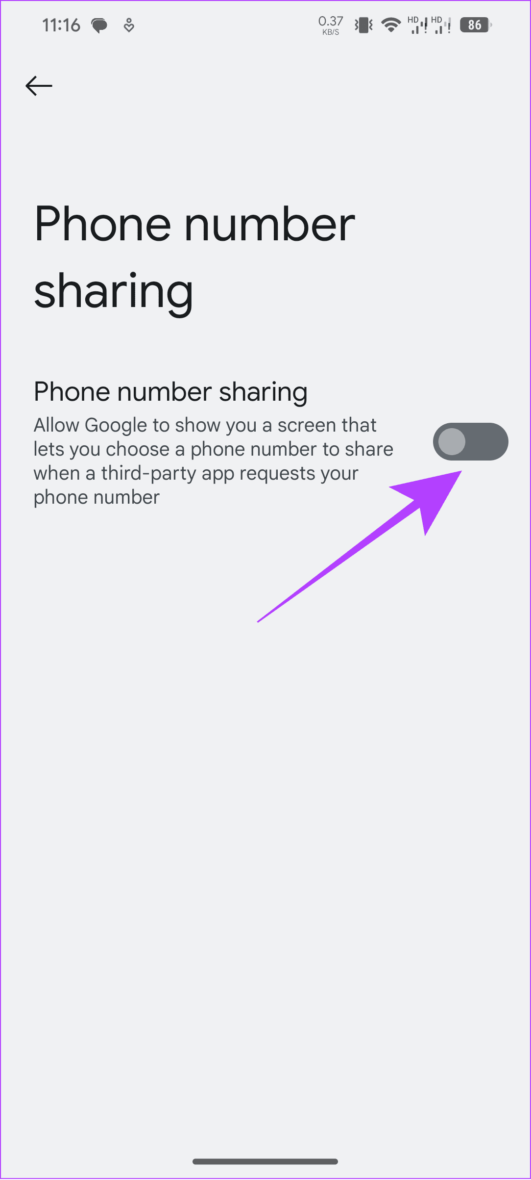 toggle off phone numer sharing