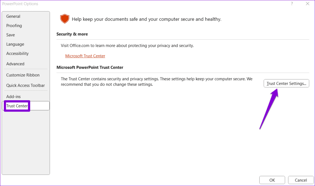 Trust Center Settings in PowerPoint