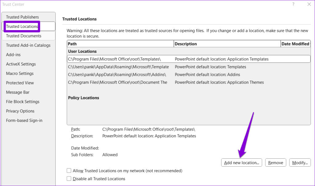 Trusted Locations in PowerPoint