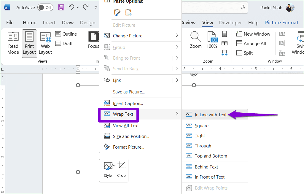 Use In Line With Text Option in Word