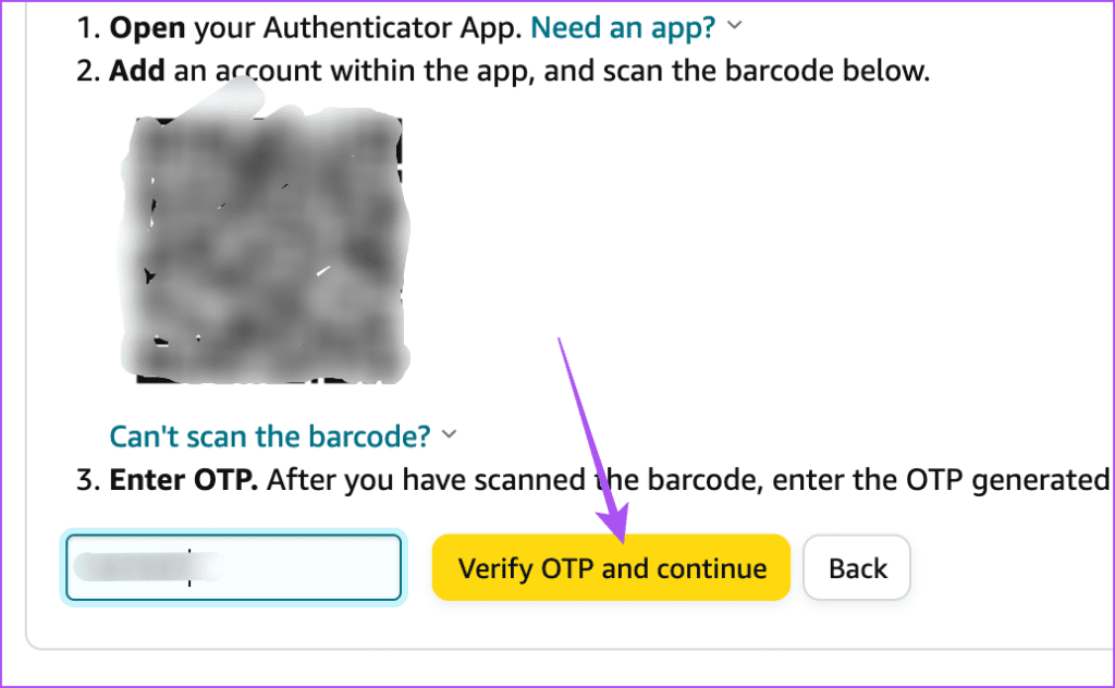 verify OTP and continue amazon webpage